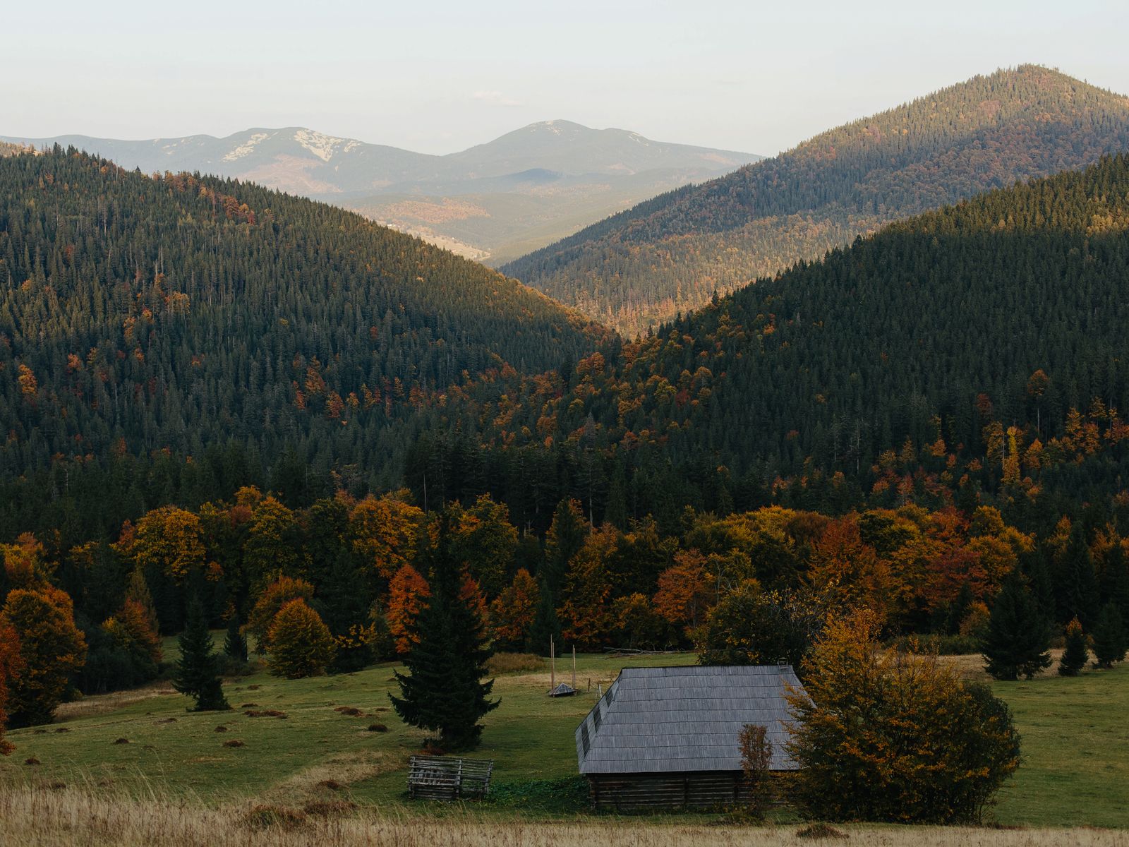 Autumn mountain cabin surrounded by colorful forest