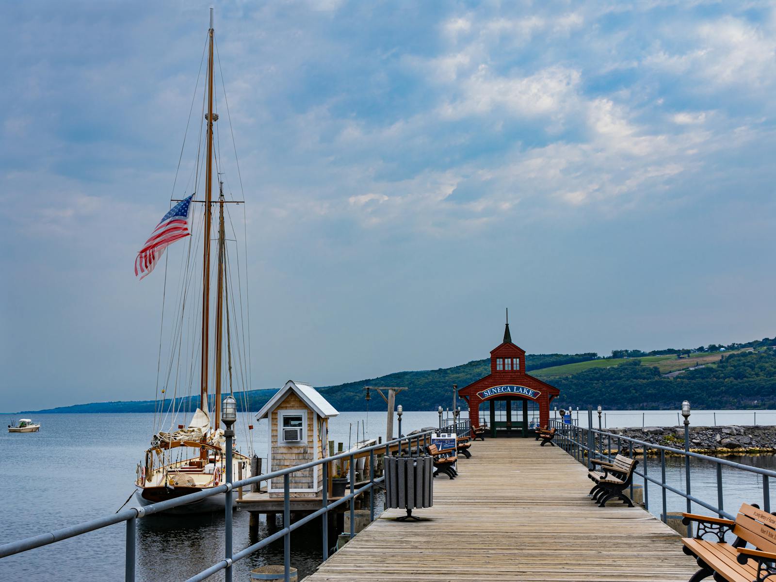 Boats on Seneca Lake harbor in the Finger Lakes