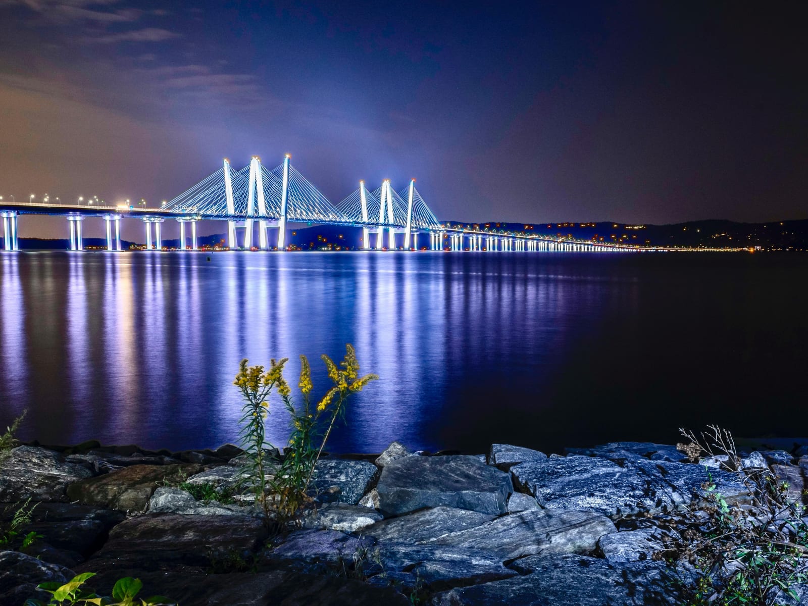 Illuminated Tappan Zee Bridge over the Hudson River at night